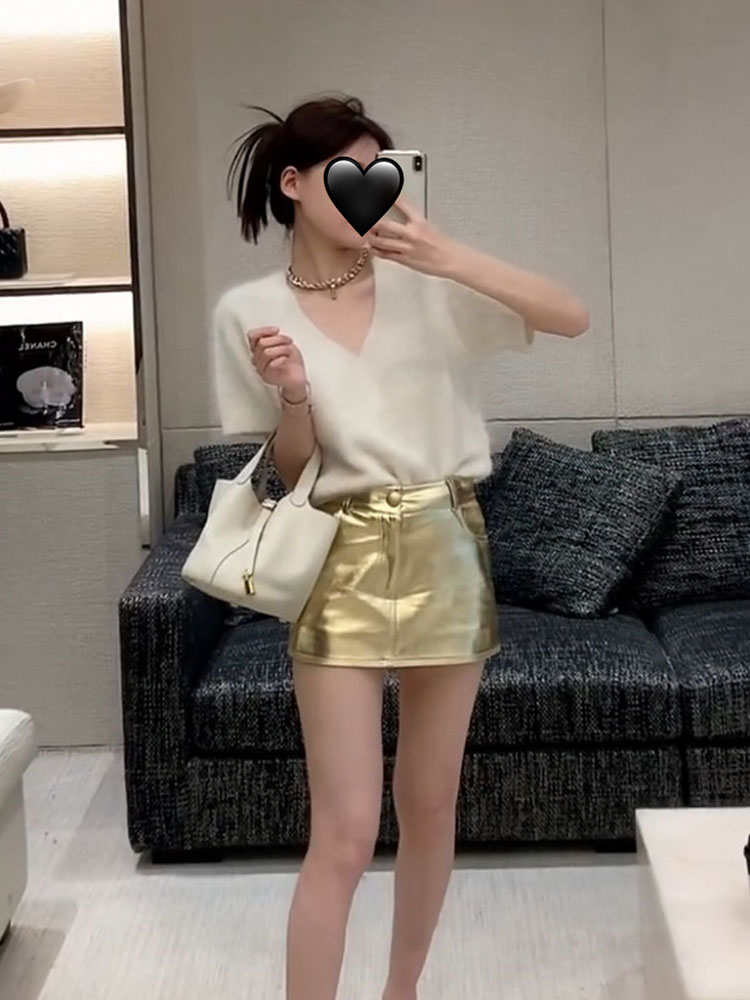金色PU皮半身裙女温婉同款