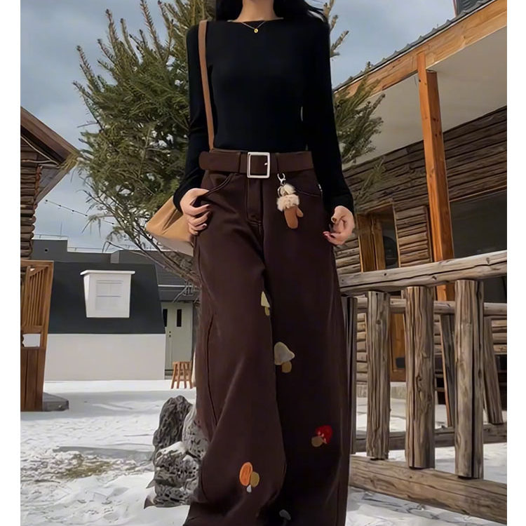 网红同款蘑菇刺绣加厚绒牛仔裤女