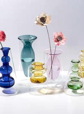 彩色玻璃花瓶双层北欧ins无火藤条香薰瓶高硼硅摆件客厅插花水培