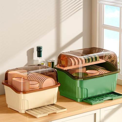 厨房双层碗柜装碗筷收纳盒箱家用沥水碗架带盖放碗碟碗盘置物角架