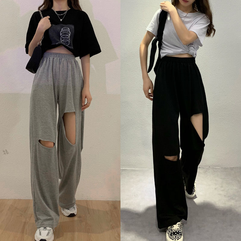大码灰色运动裤女夏季破洞高腰休闲裤胖mm裤子宽松直筒阔腿裤薄款