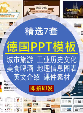 德国PPT模板城市旅游工业历史文化啤酒地理信息美食图表英文介绍
