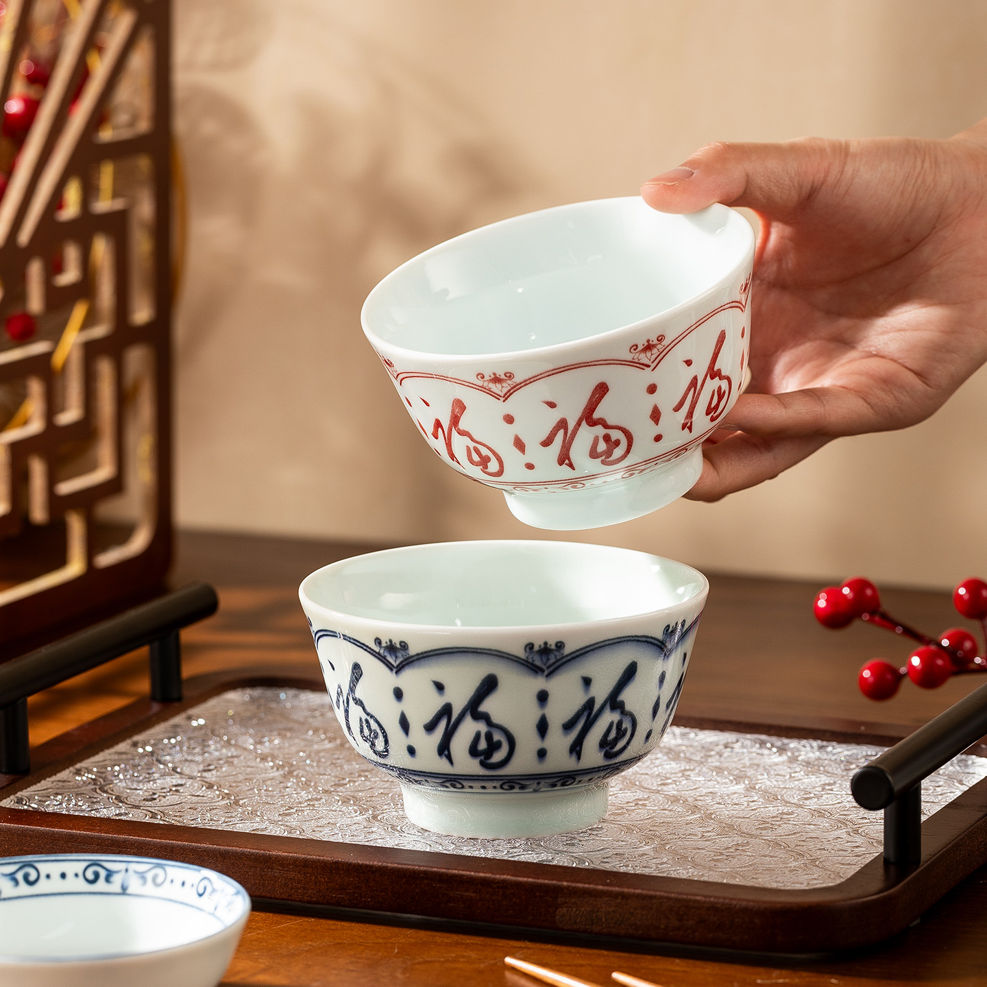 创意福字家用陶瓷高脚饭碗