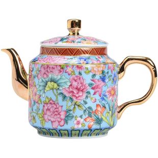 粉彩金底万花带手柄泡茶壶托盘描金珐琅彩印记陶瓷茶壶茶具功夫