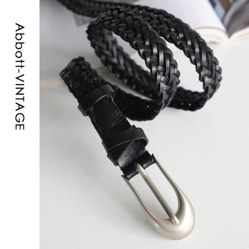 AbbottVINTAGE【编织皮带】极简经典牛皮头层皮真皮银扣腰带中性