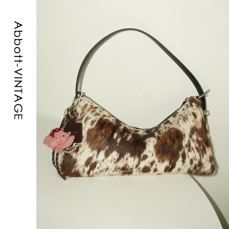 Abbott Vintage【马毛腋下包】单肩复古棕色奶牛纹腋下女包手提包