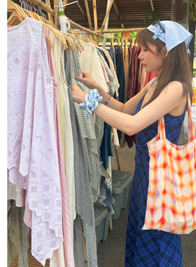 Abbott Vintage【橘子包】橘色不规则圆圈扎染印花天丝棉麻单肩包