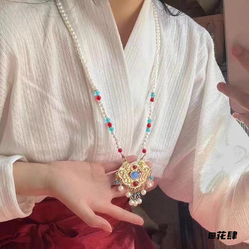 背云长命锁项链配饰坦领古风软璎珞仿珍珠长款饰品项圈流苏汉服