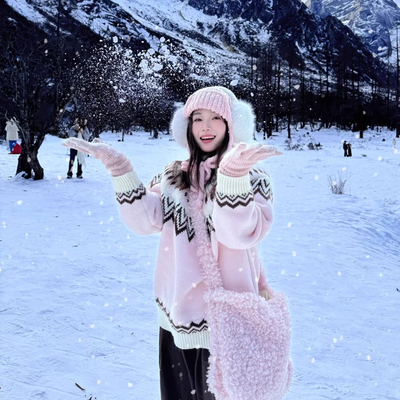 粉紫色提花尔岛毛衣女秋冬季新款慵懒风感内搭外穿套头针织衫