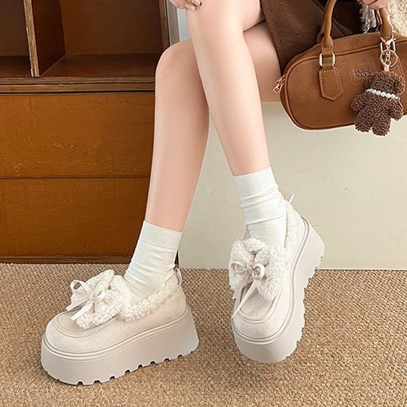 白色蝴蝶结厚底毛毛勃肯鞋女加绒保暖增高美拉德复古雪地棉鞋子