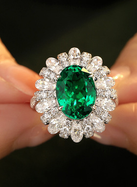 抖音热推 赞比亚人工培育仿真祖母绿戒指银镀18K金合成彩宝女戒