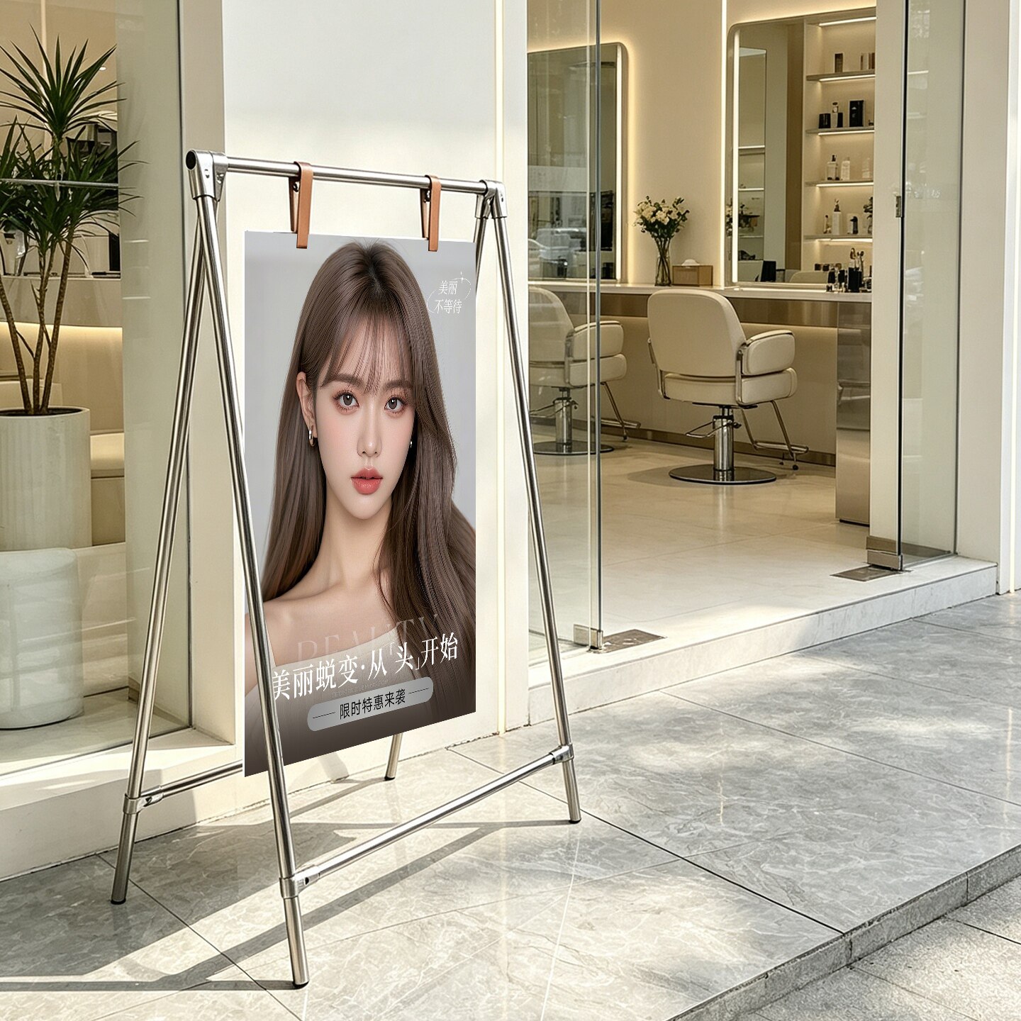 不锈钢理发店广告牌宣传架户外门店展示架烫染护发宣传标志牌美发亚克