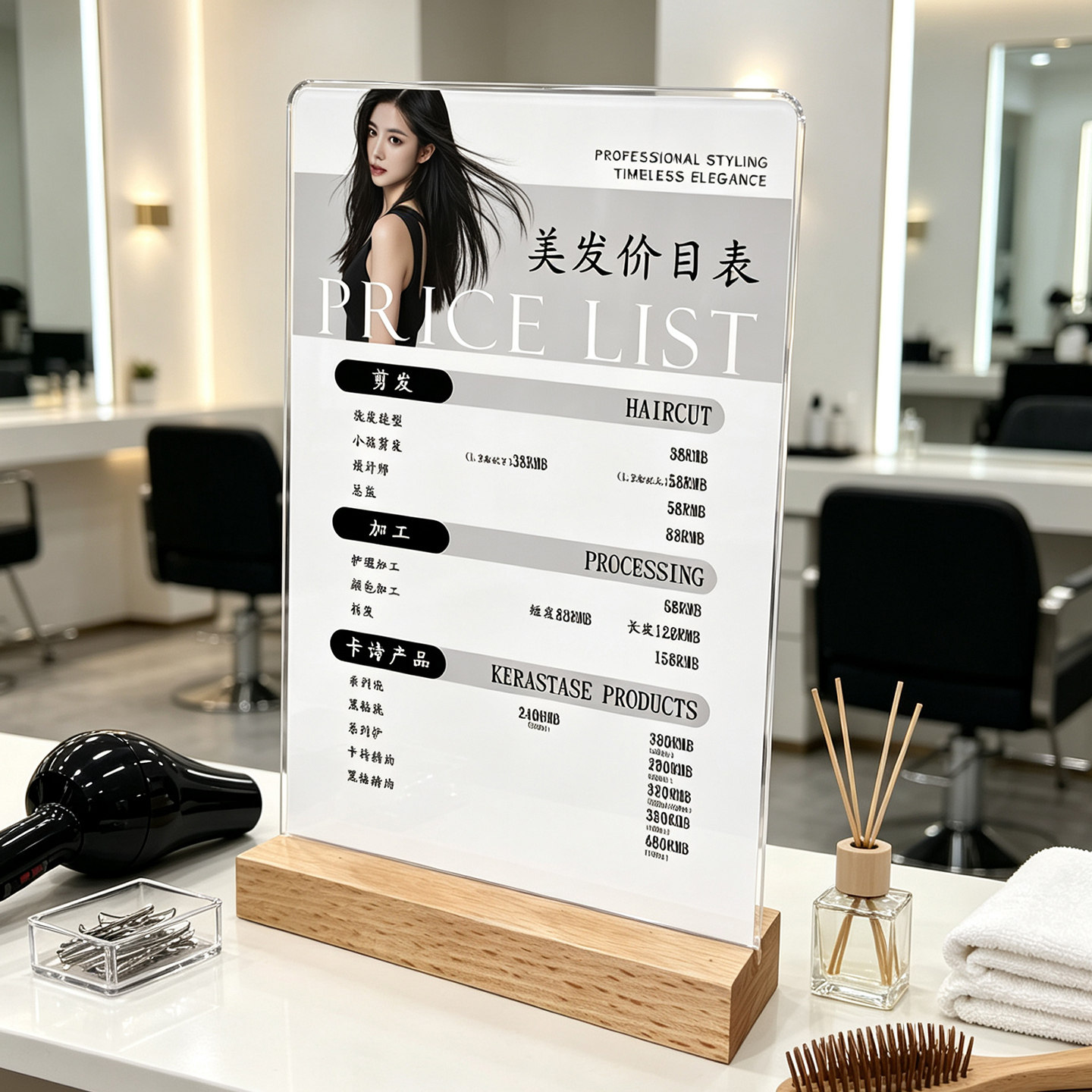 美发立牌专业定制桌牌高端透明木质美发价格表环保美发店价目表台牌实木底座亚克力桌面展示牌理发店价格牌图片