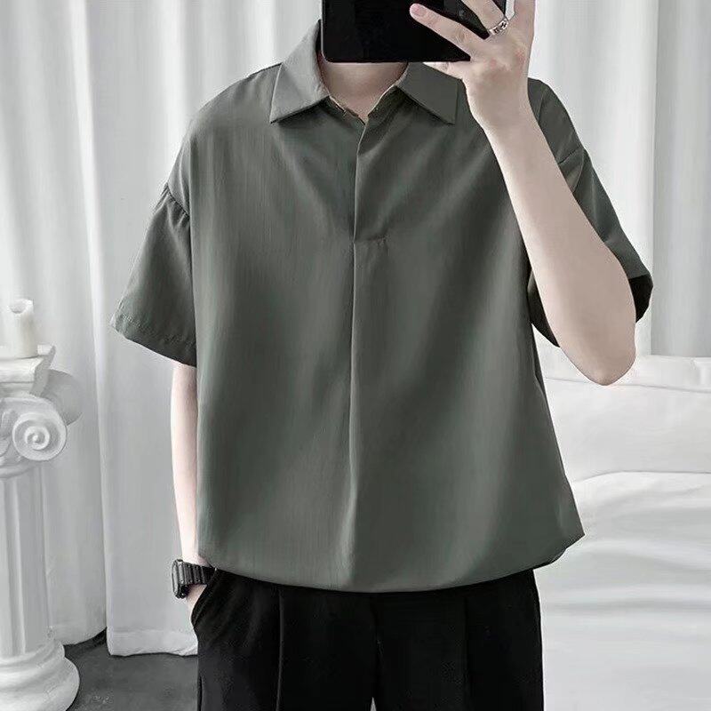纯色简约短袖衬衫男宽松韩版港风潮流百搭学生V领翻领五分袖衬衣