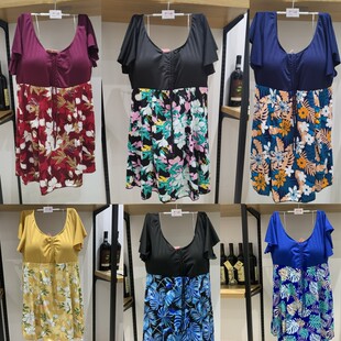 中年妈妈加肥宽松保守加胖泳装 胖MM短袖 泳衣女夏连体平角大码 新款