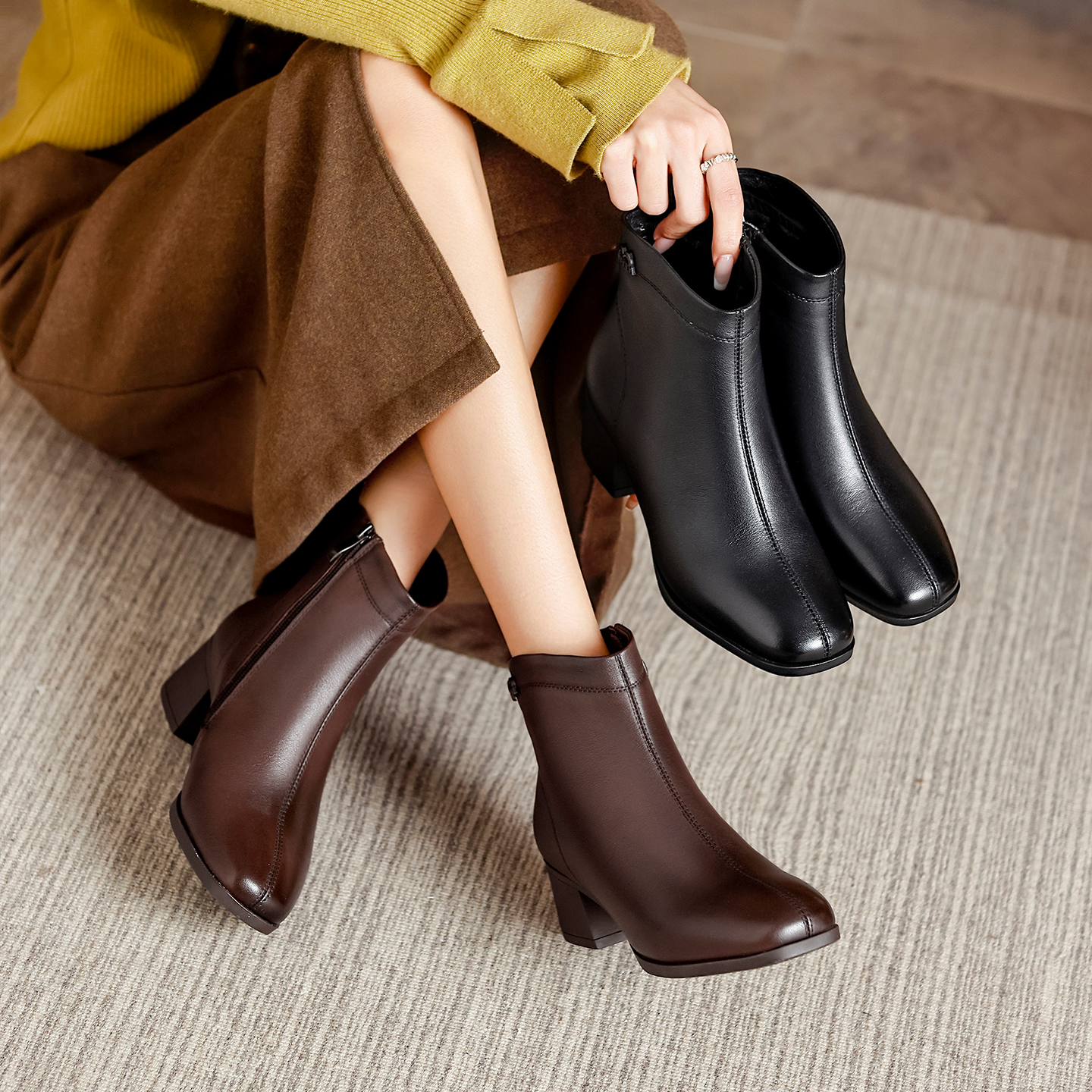 冬季新款百搭妈妈鞋粗跟真皮短靴