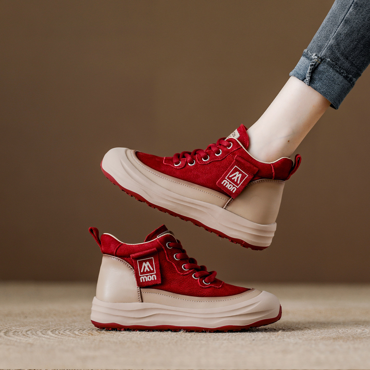 头层牛皮红色加绒高帮鞋女2025秋冬新款真皮短靴厚底休闲马丁靴女,女鞋,高帮鞋,淘宝优惠券,粉丝福利购,淘宝优惠卷