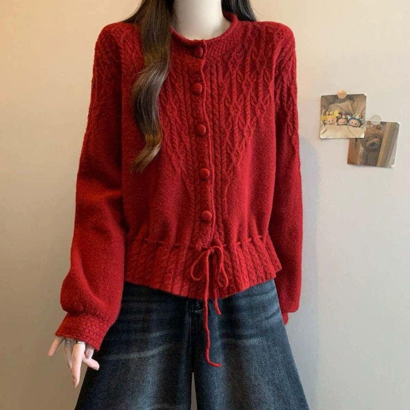 下摆系带收腰短款麻花毛衣女2026秋冬季小个子百搭打底针织开衫