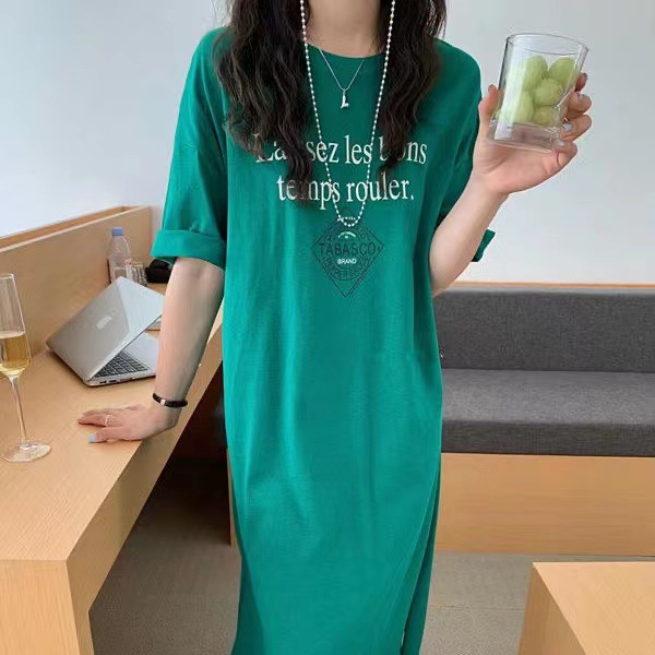 小个子ins风长款T恤裙衣服夏2022年新款宽松短袖高级感开叉连衣裙