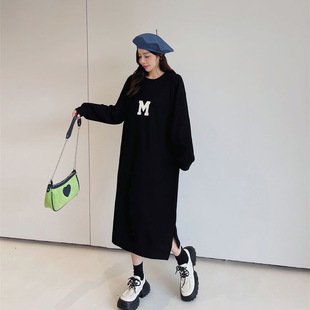 卫衣长裙开叉圆领过膝连衣裙女 韩版 新款 有口袋秋冬季 加绒宽松大码