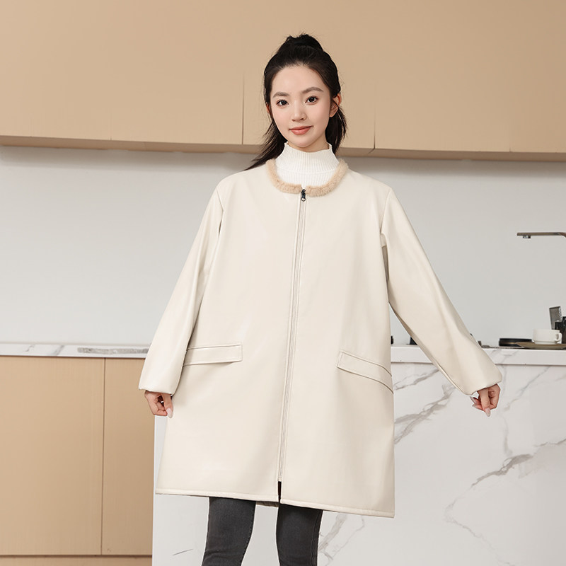 秋冬奶白色加绒圆领软皮罩衣女百搭长款拉链外套厨房防水长袖围裙,家庭/个人清洁工具,围裙,淘宝优惠券,粉丝福利购,淘宝优惠卷