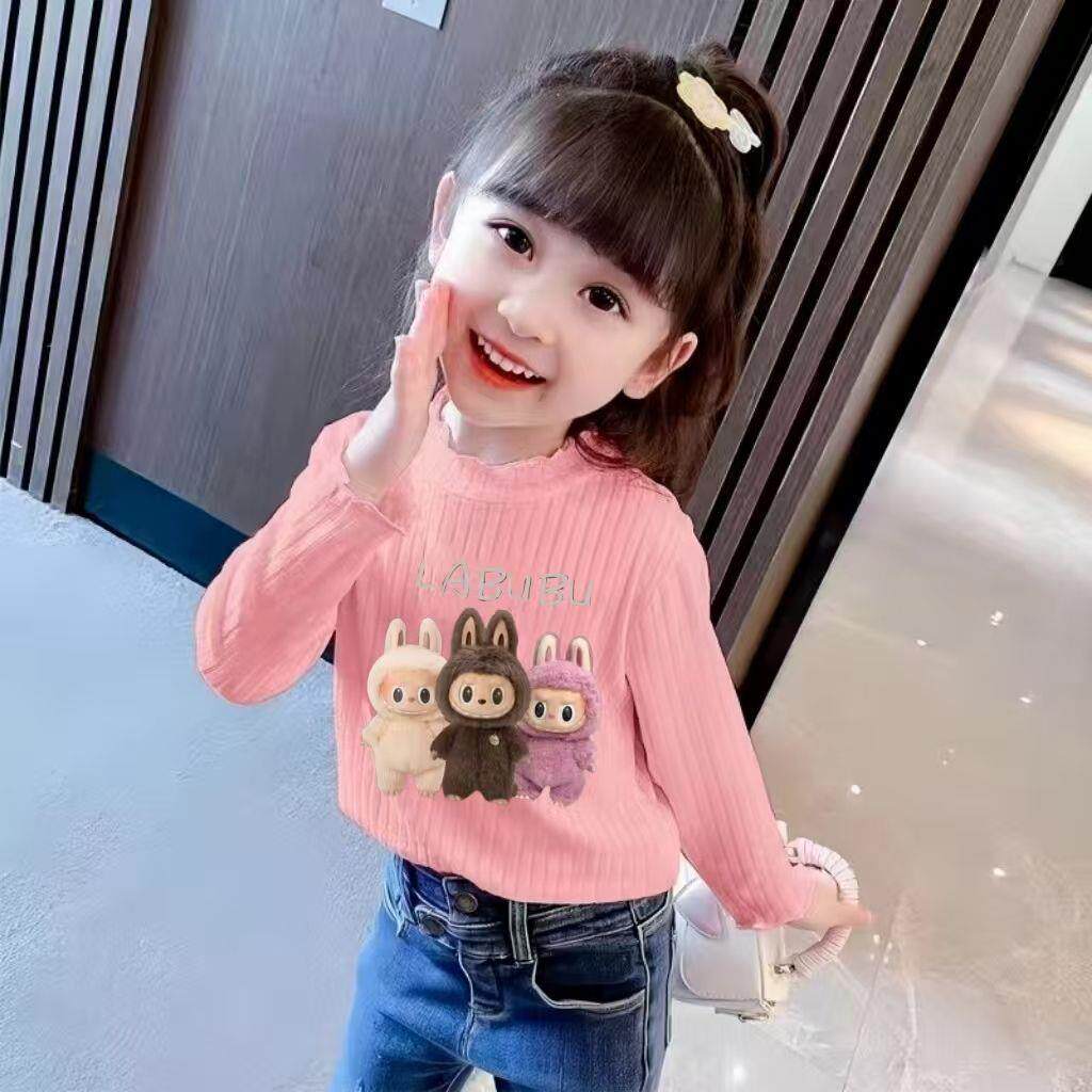 小女孩新款三只拉布女童长袖T恤女孩春秋款德绒半高领卡通打底衫