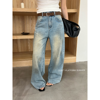 T台/T-PLATFORM 美式复古脏染水洗做旧牛仔裤女宽松阔腿裤夏68333