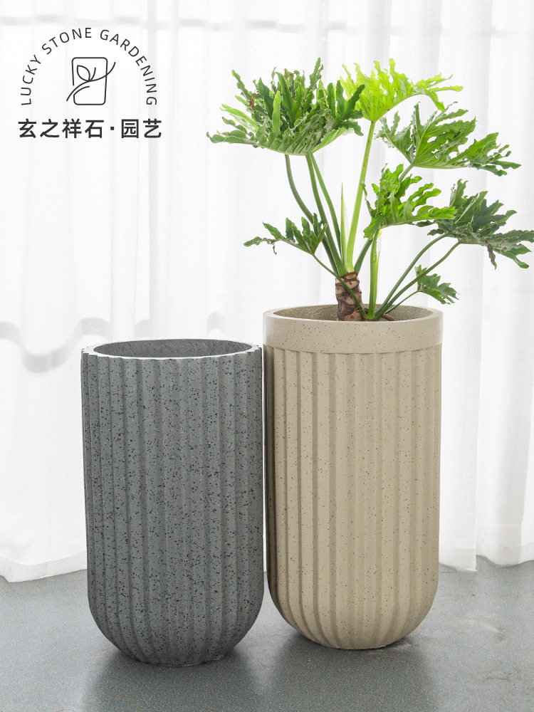 玄之祥石圆形条纹高筒水泥花盆镁泥简约创意大号落地水磨石花岗岩