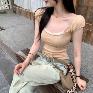 纯欲风一字肩蕾丝边方领背心T恤女夏季2026新款绝美漂亮韩系上衣