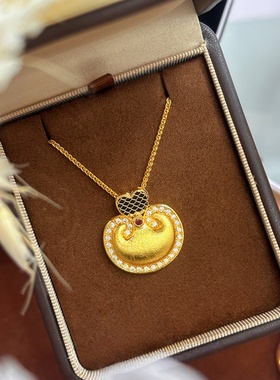 胖福小金坨项链越南沙金龙鳞拉丝如意小锁包镶钻吊坠锁骨链新中式