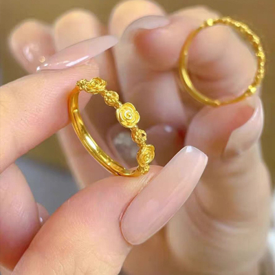玫瑰花细圈戒指女款越南沙金彷真黄金轻奢小众设计高级感戒指首饰