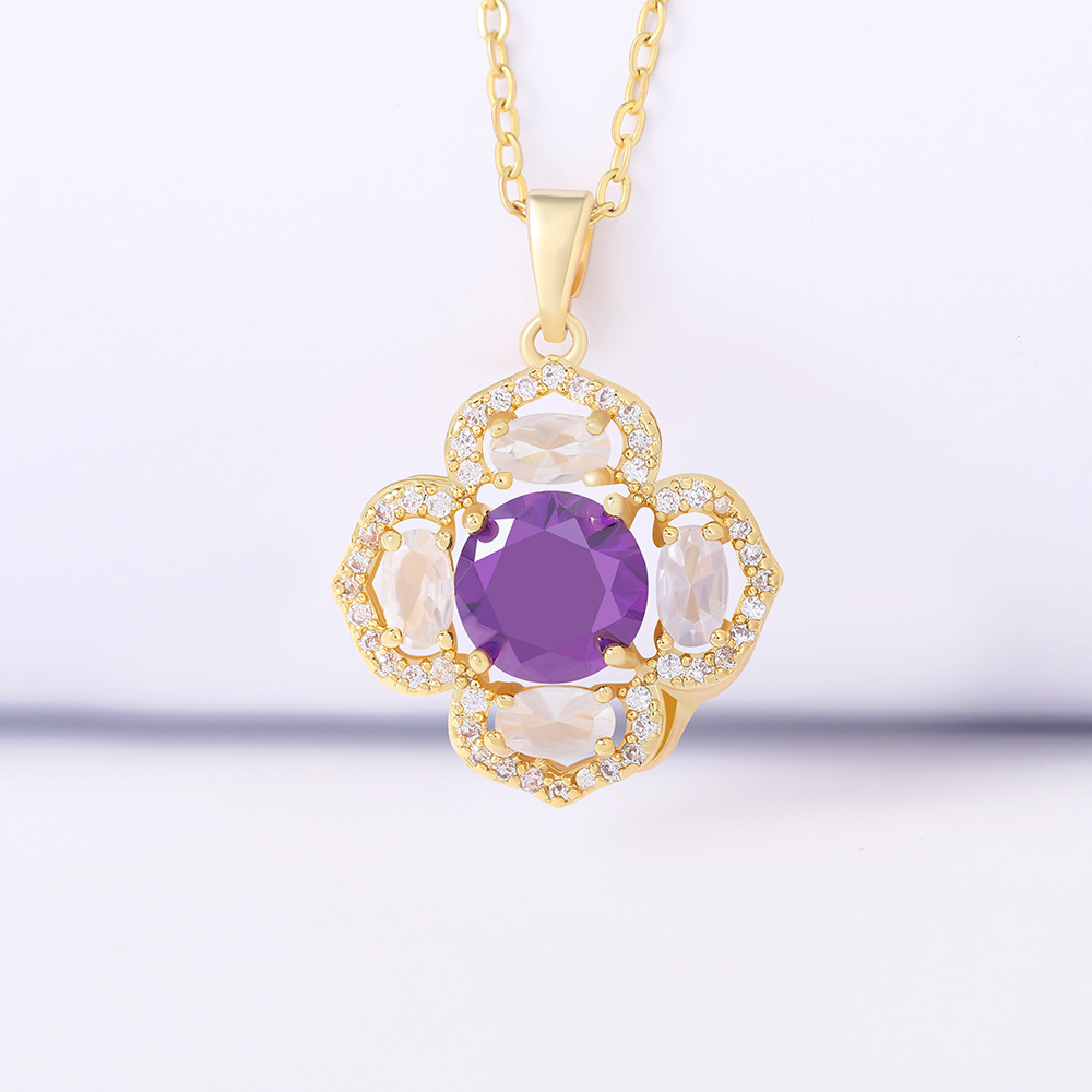 高级感紫水晶项链吊坠镂空蛋形锆石18K金锁骨链项饰厂家一件代发