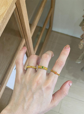 女珐琅戒指花丝镀18k金尾戒指环中式宝石爱心设计镂空新款新玉