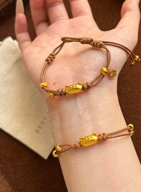 复古简约沙金法棍猫手链女款招财猫编织手绳转运珠手链轻奢高级感