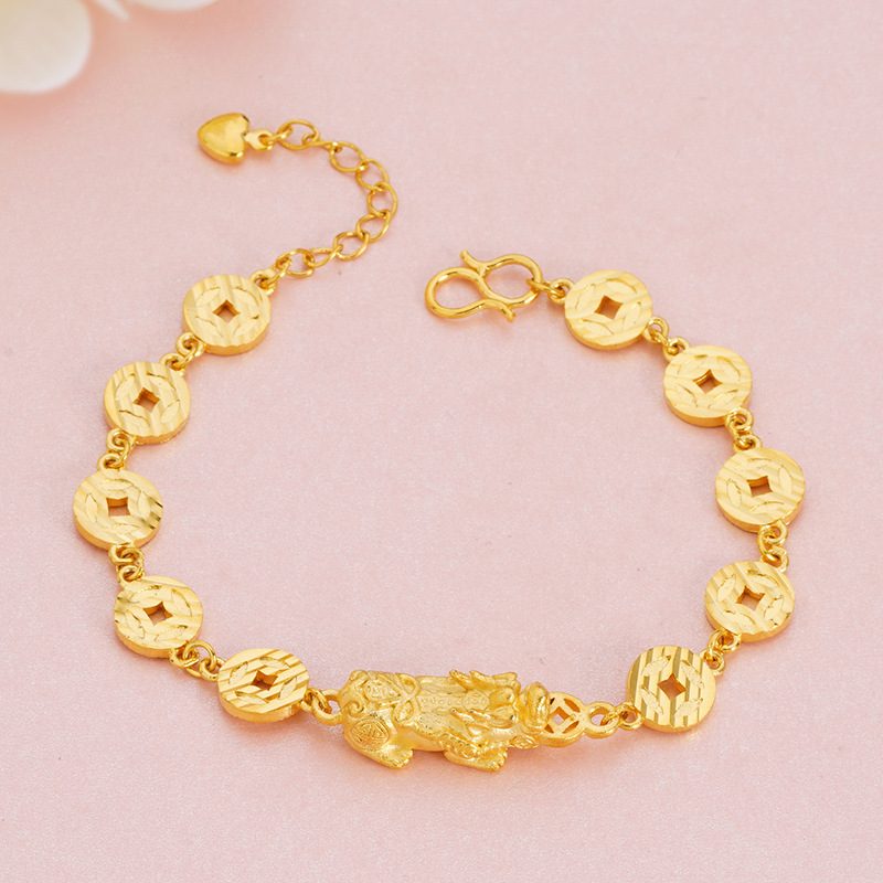 热卖新款简约沙金貔貅手链 铜镀黄金女士钱币手饰 厂家饰品