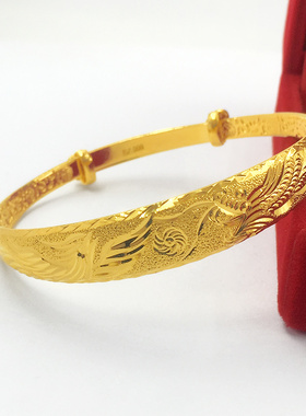 铜镀黄金镯子越南沙金手镯女仿金龙凤手镯推拉宽版三八妇女节送礼