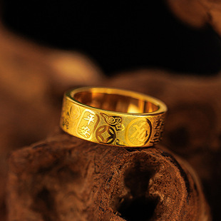 5G黄金色越南沙金镀24K金色男士宽面戒指平安招财吉言闭口指环