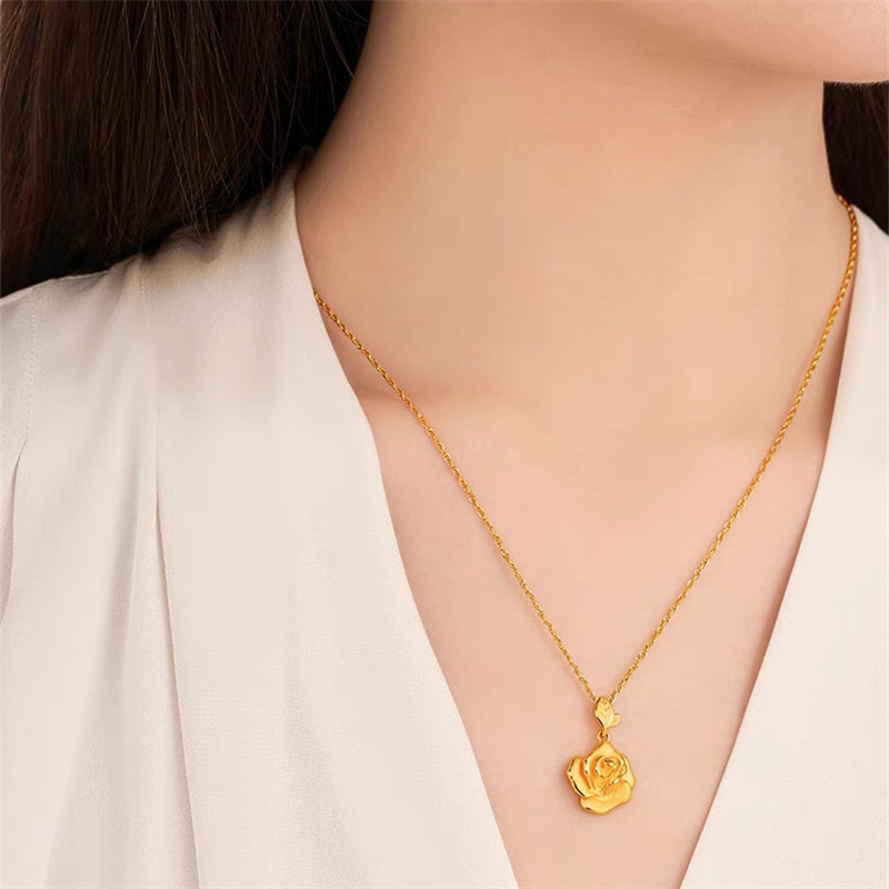 新款复古沙金玫瑰花项链仿金女气质时尚花朵吊坠高级感锁骨链礼物