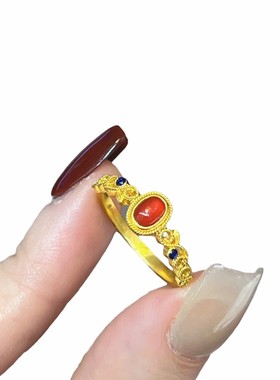 5G黄金色999沙金铜镀金镀18K包金宫廷风仿红玉小宫雀戒指女开口戒