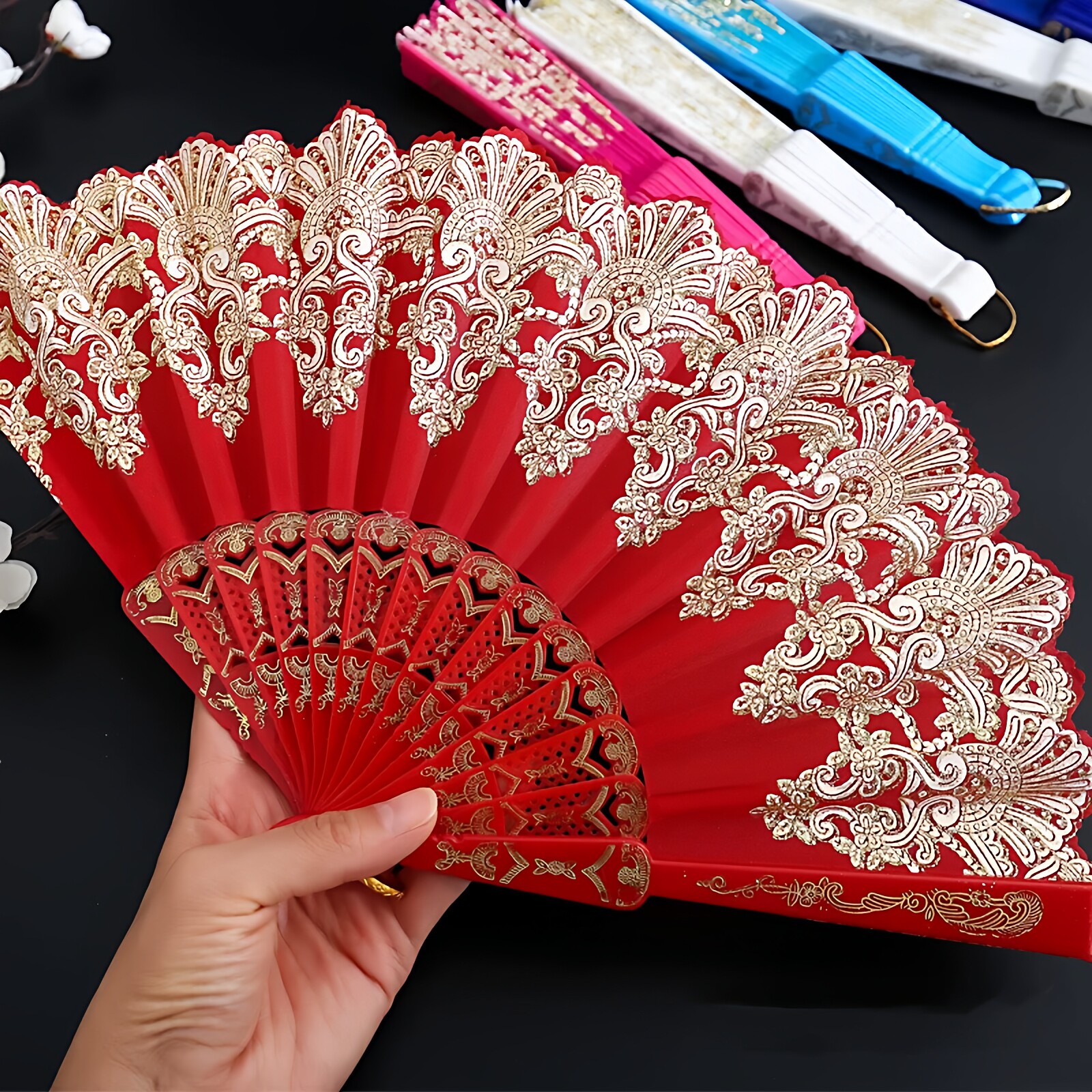 西班牙蕾丝舞蹈折扇子女士古印花边芭蕾咏春扇绿黄蓝紫道具扇折扇