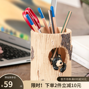饰情绪稳定送生日礼物实用 创意可爱小熊圆形笔筒摆件办公室桌面装