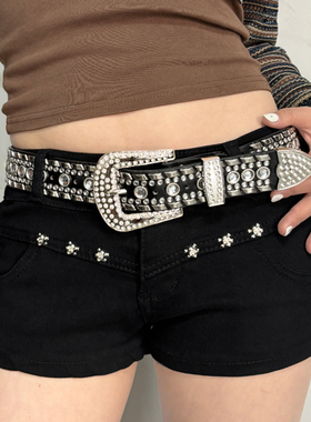 腰带y2k皮带女千禧辣妹短裤配饰美式水钻石闪铆钉白色设计感小众