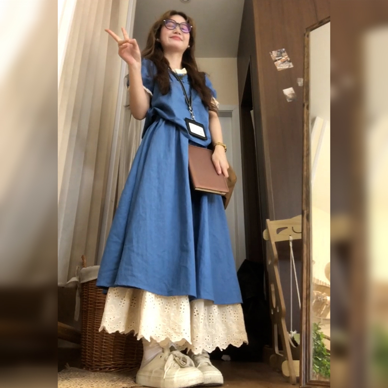小个子学院风蓝色连衣裙子女装夏季2025新款今年流行爆款套装长裙