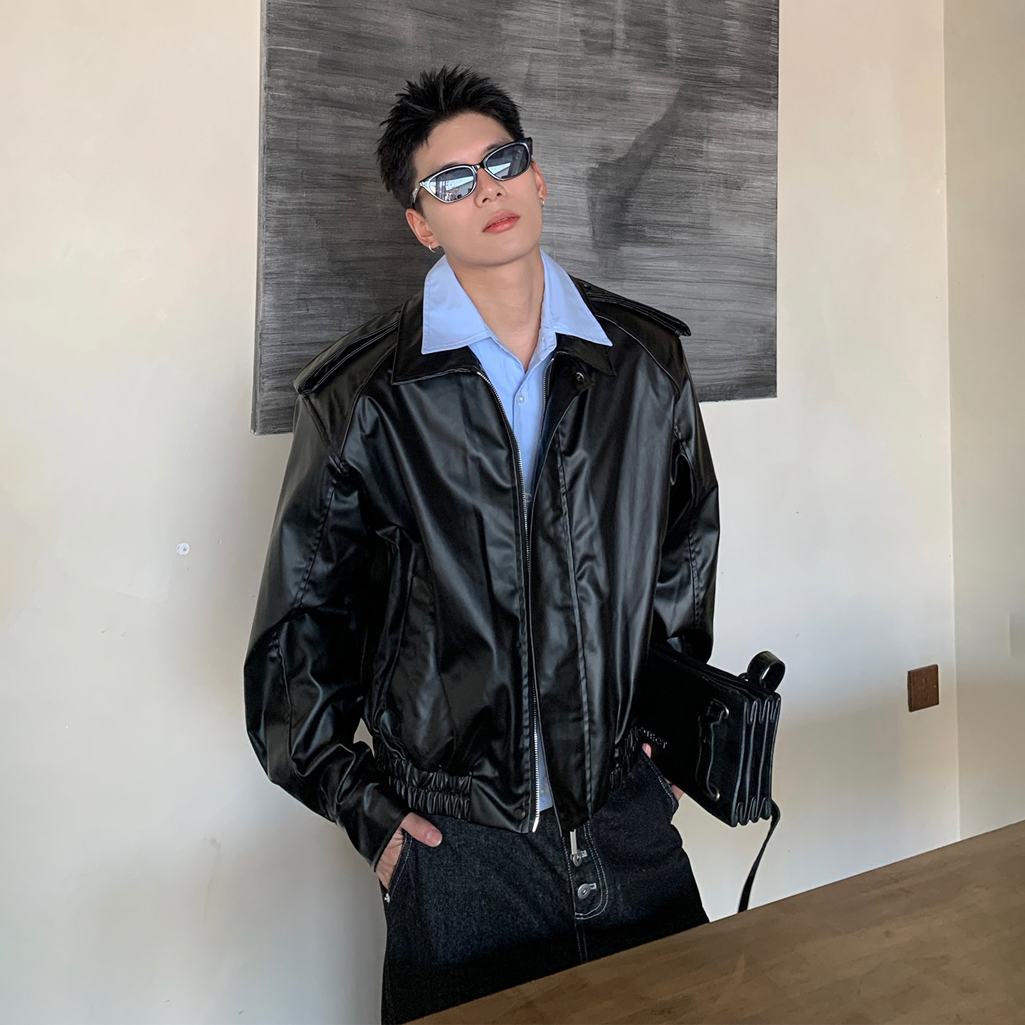 Holocene美式潮牌翻领黑色机车皮衣高级感短款PU皮夹克痞帅外套男