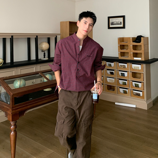 男春秋季 长袖 宽松休闲廓形衬衣 潮牌复古格子立领衬衫 Holocene美式