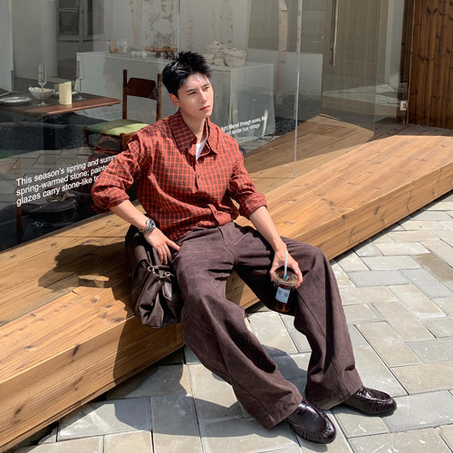 Holocene叠领格子长袖衬衫男