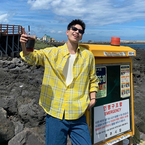 Holocene拼色格纹长袖衬衫男