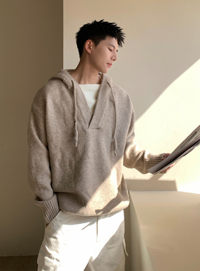 Holocene美式潮牌复古老钱风假两件连帽毛衣男冬慵懒风V领针织衫
