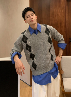 Holocene美式潮牌复古学院风V领毛衣菱格秋季宽松休闲套头针织衫