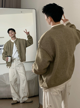 Holocene美式潮牌日系复古假两件纽扣设计毛衣宽松休闲开衫针织衫